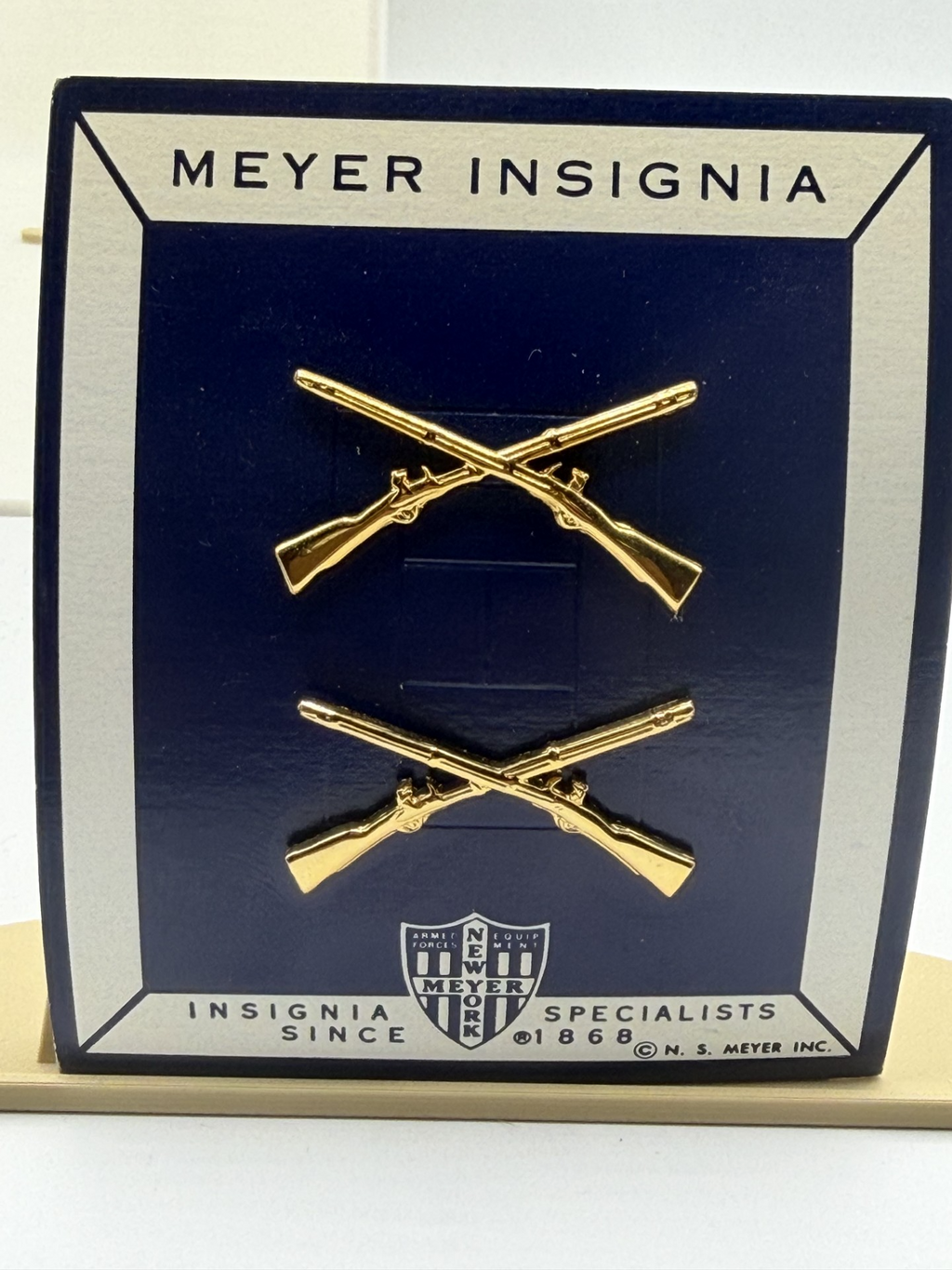NS Meyer U.S. Army Infantry Crossed Rifles Insignia Pair on Original Card New York Matching Set